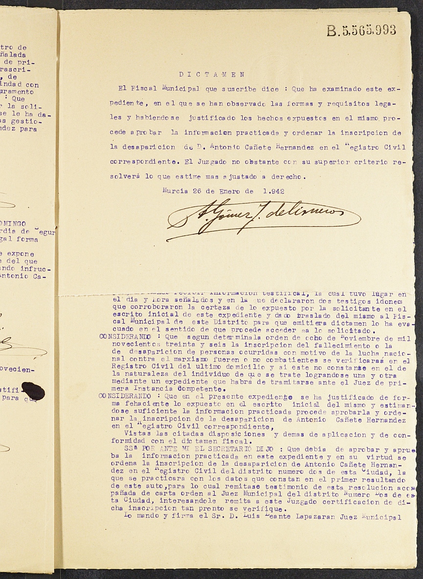 Expediente nº 210/1941 del Juzgado de Primera Instancia de Murcia para la inscripción en el Registro Civil por la desaparición en el frente de Antonio Cañete Hernández.